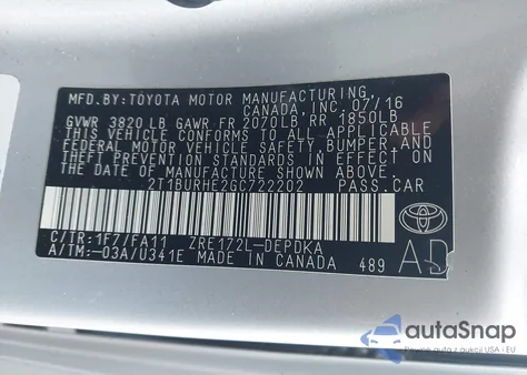 2016 Toyota Corolla L from USA, damaged, VIN 2T1BURHE2GC722202